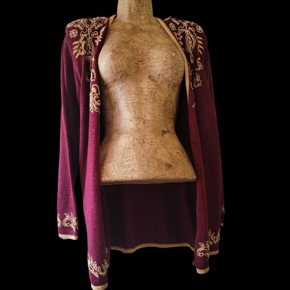Vintage 90S Y2K Jaclyn Smith Petite Burgundy Cardigan Embroidery & Pearls Accent - Picture 4 of 14